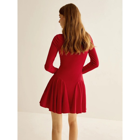 Commense Red Ribbed Knit Mini Dress Long Sleeve Polo Collar Fit and Flare Small - Picture 6 of 17